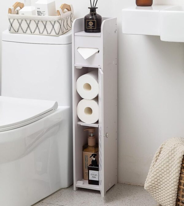 AOJEZOR, Compact toilet paper Stand with storage cabinet