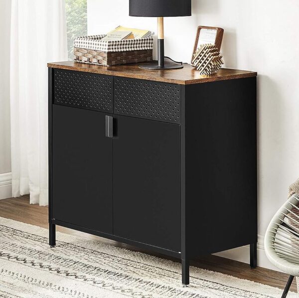 SONGMICS, Storage Cabinet, Rustic Brown with Black Metal Frame