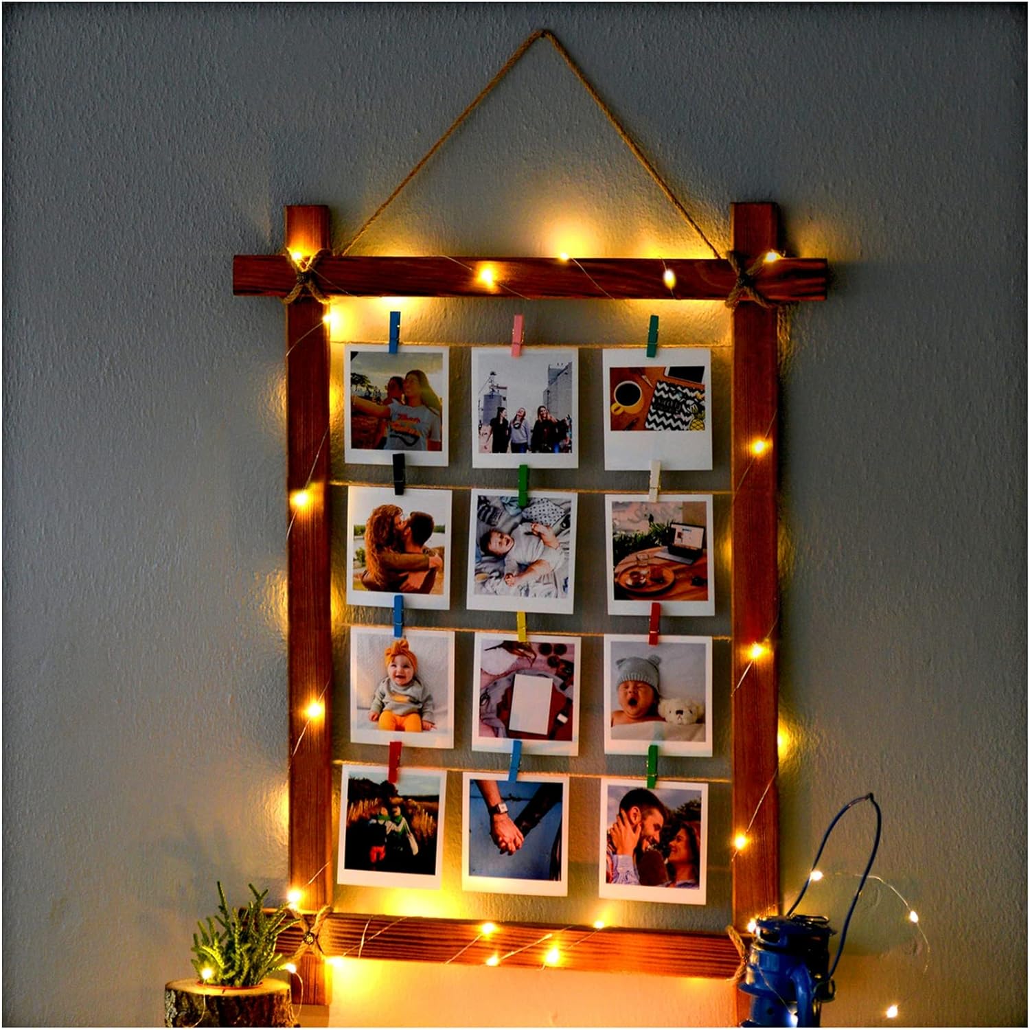 Wooden wall collage, decorative picture frame with LED-lights