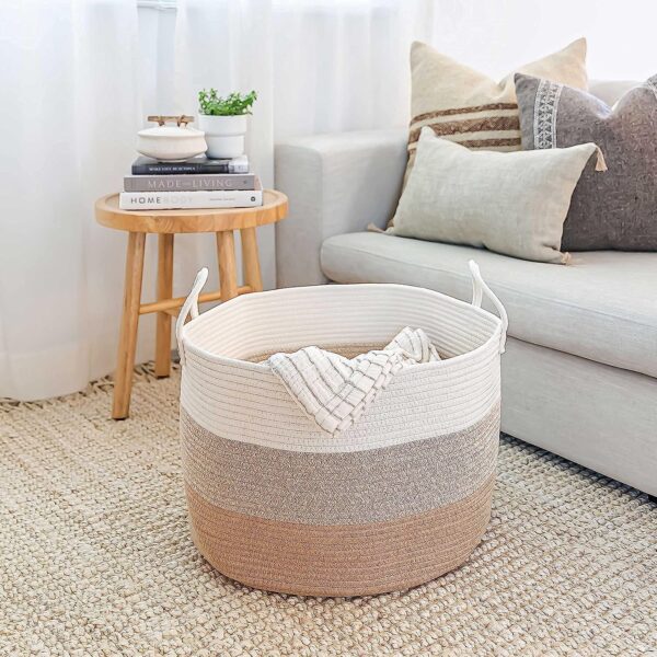 Hand-woven cotton rope basket with leather handles